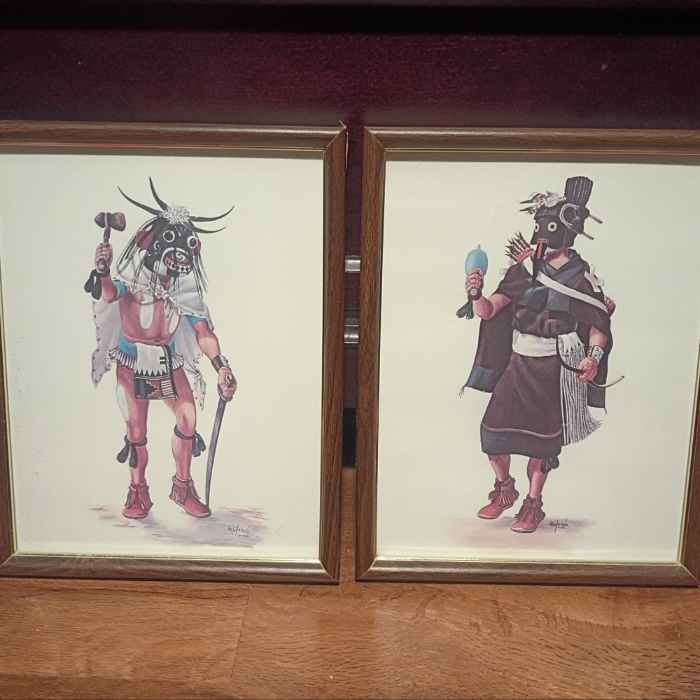 2 Vintage Framed & Signed Prints Of Hopi Native American Kachinas By Hoyesva.